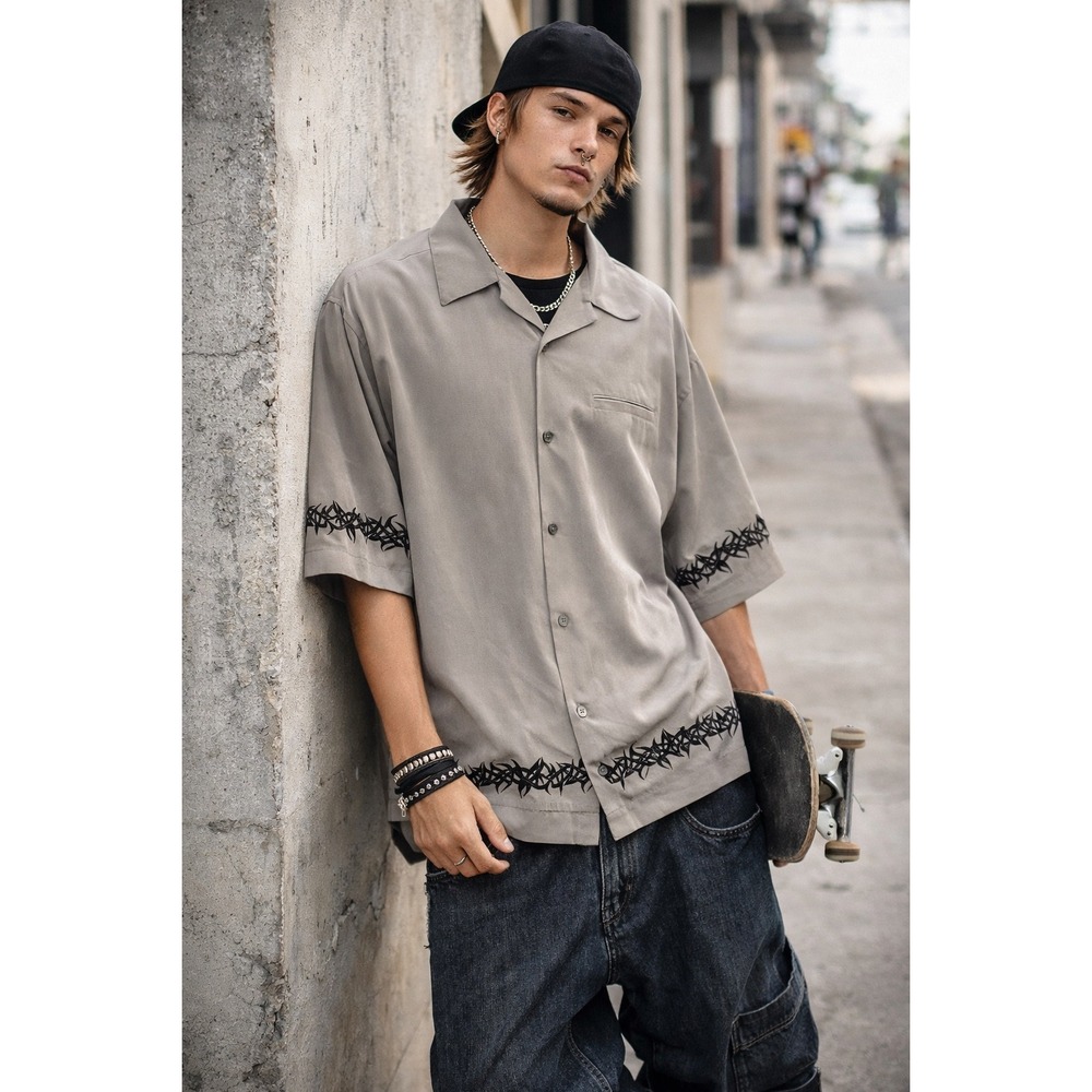 Vtg Amplify Tribal Tattoo Shirt Mens XXL Relaxed Taupe Polyester Skater Y2K‎ 90s